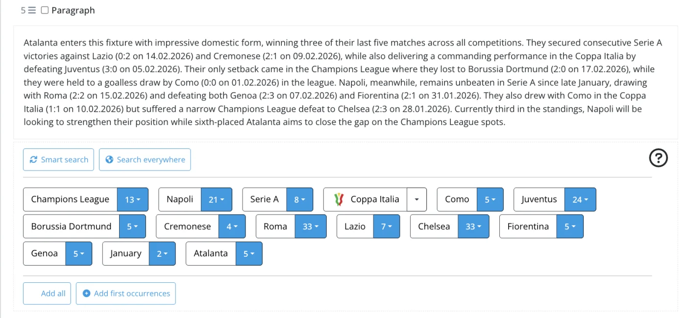 Auto Tagging — automatic tagging of players, teams, stadiums and tournaments