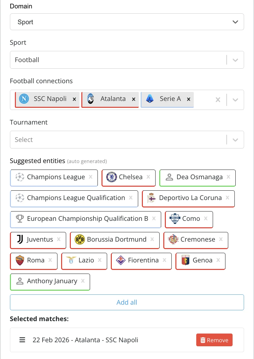 Sports Connections — statistical tags grouping content by match, player and team