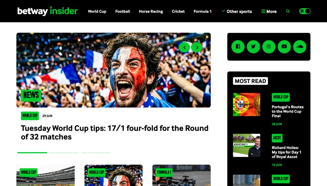Betway Insider — a white-label sports-news site built on Sportal365